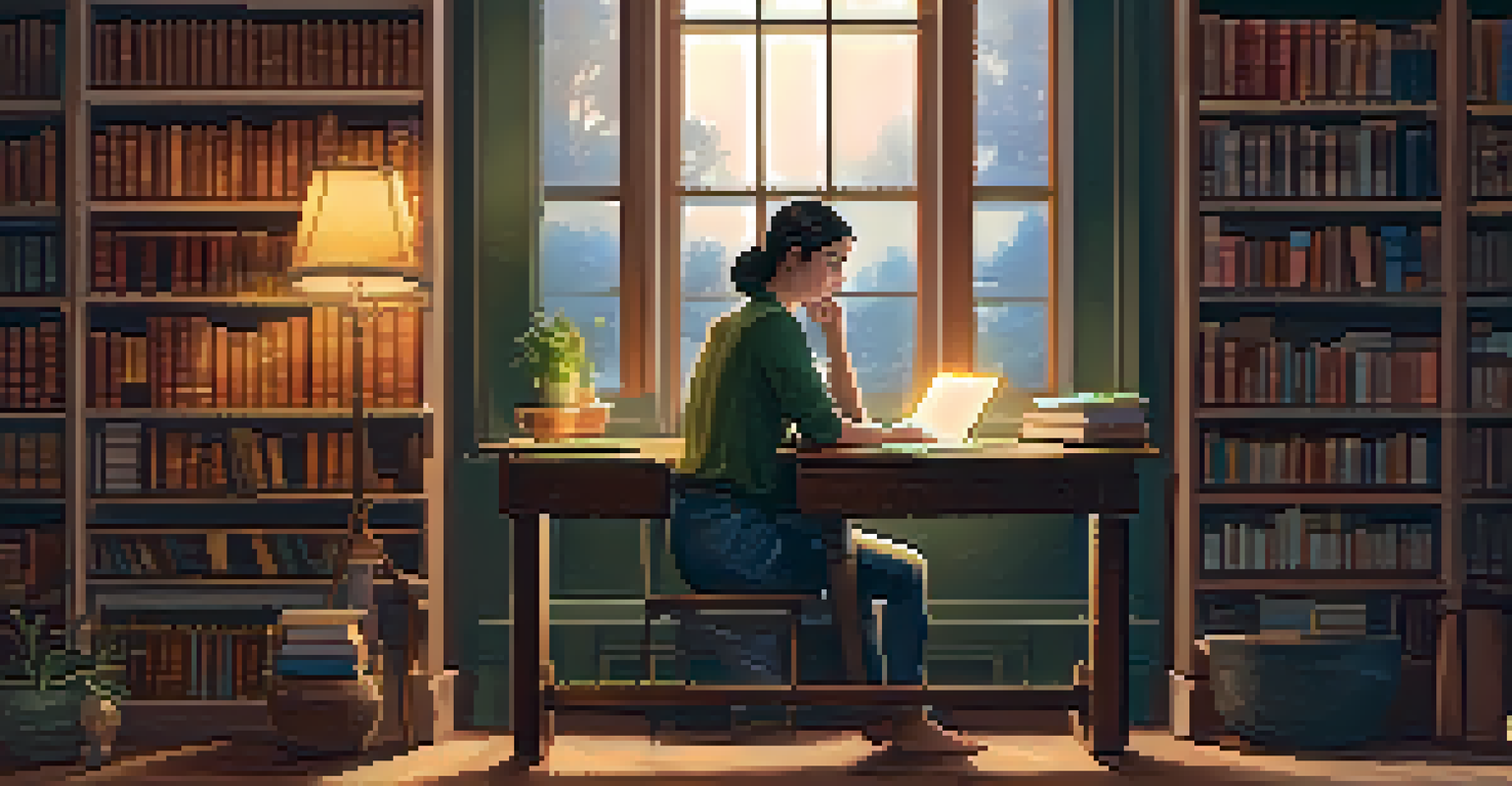 A person studying in a cozy nook with bookshelves and a laptop, illuminated by a warm lamp.