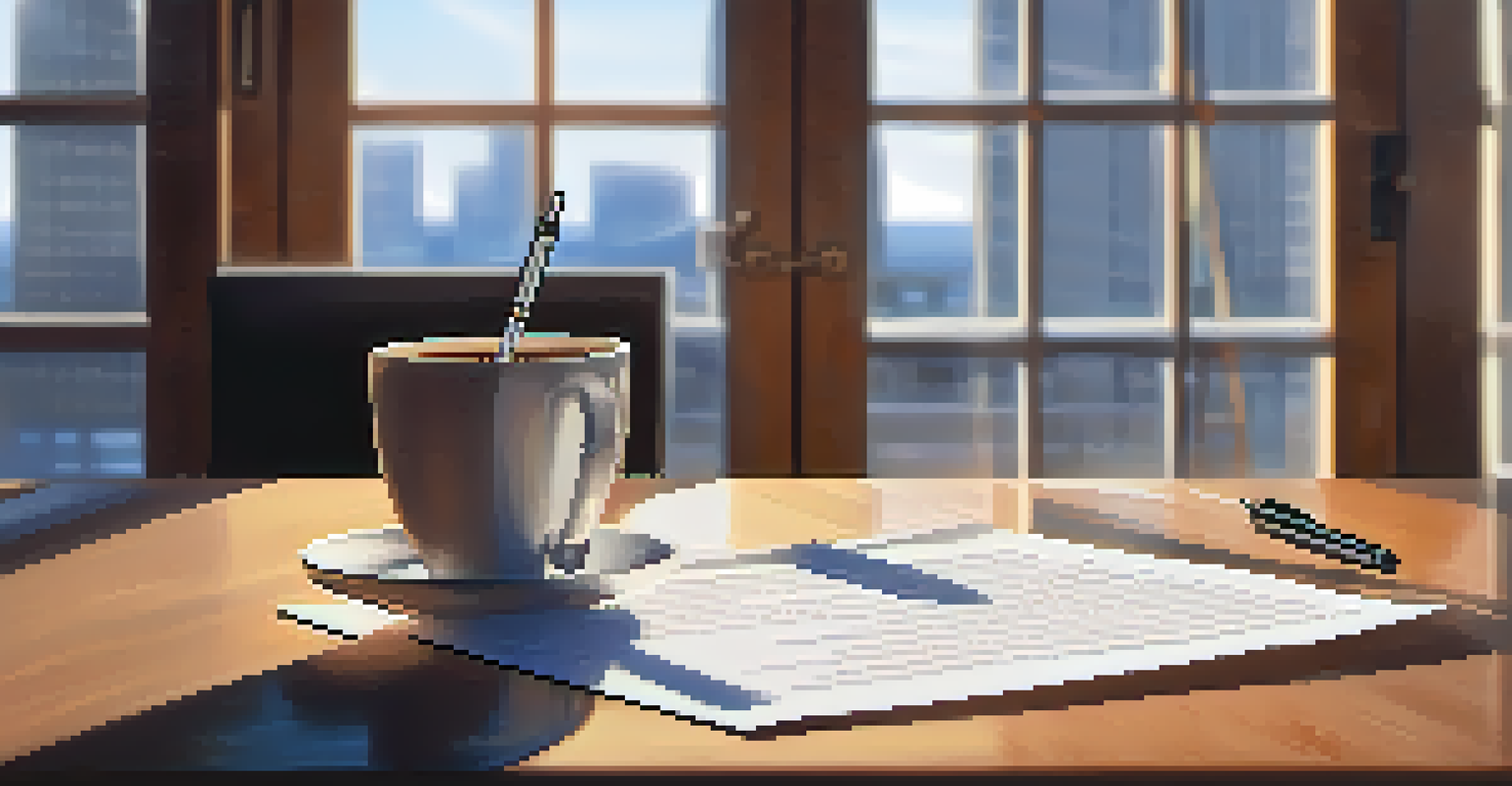 A contract document on a wooden desk next to a pen and coffee cup, with sunlight casting shadows.