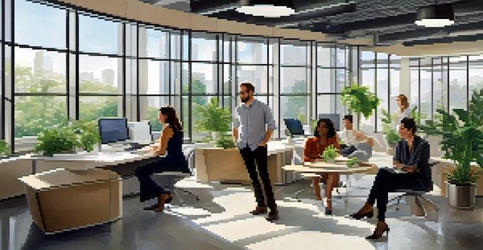 A diverse group of employees in a bright office discussing together, with a female leader actively listening.