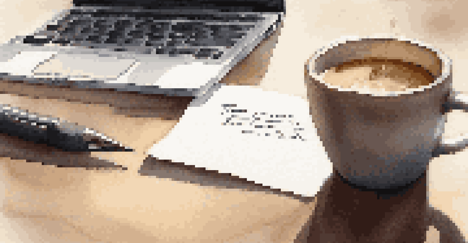 A thank-you note on a desk beside a laptop and coffee, with soft morning light.