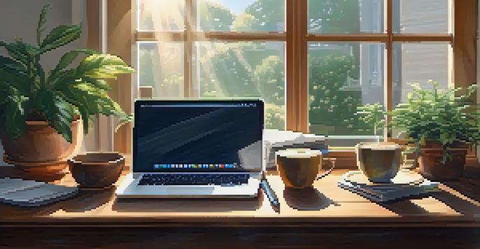 A peaceful workspace with a laptop, coffee, and plants, illuminated by sunlight from a window.