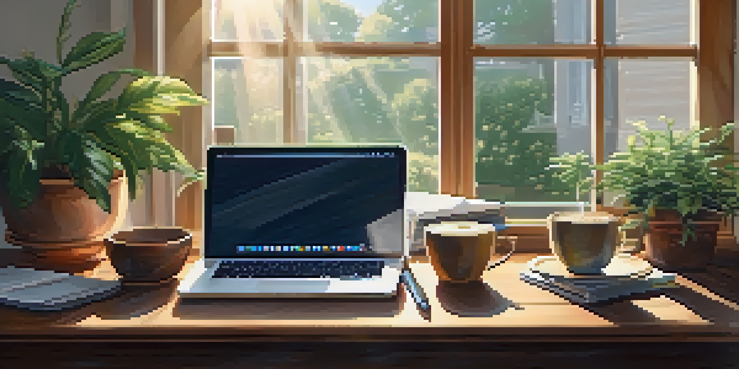 A peaceful workspace with a laptop, coffee, and plants, illuminated by sunlight from a window.