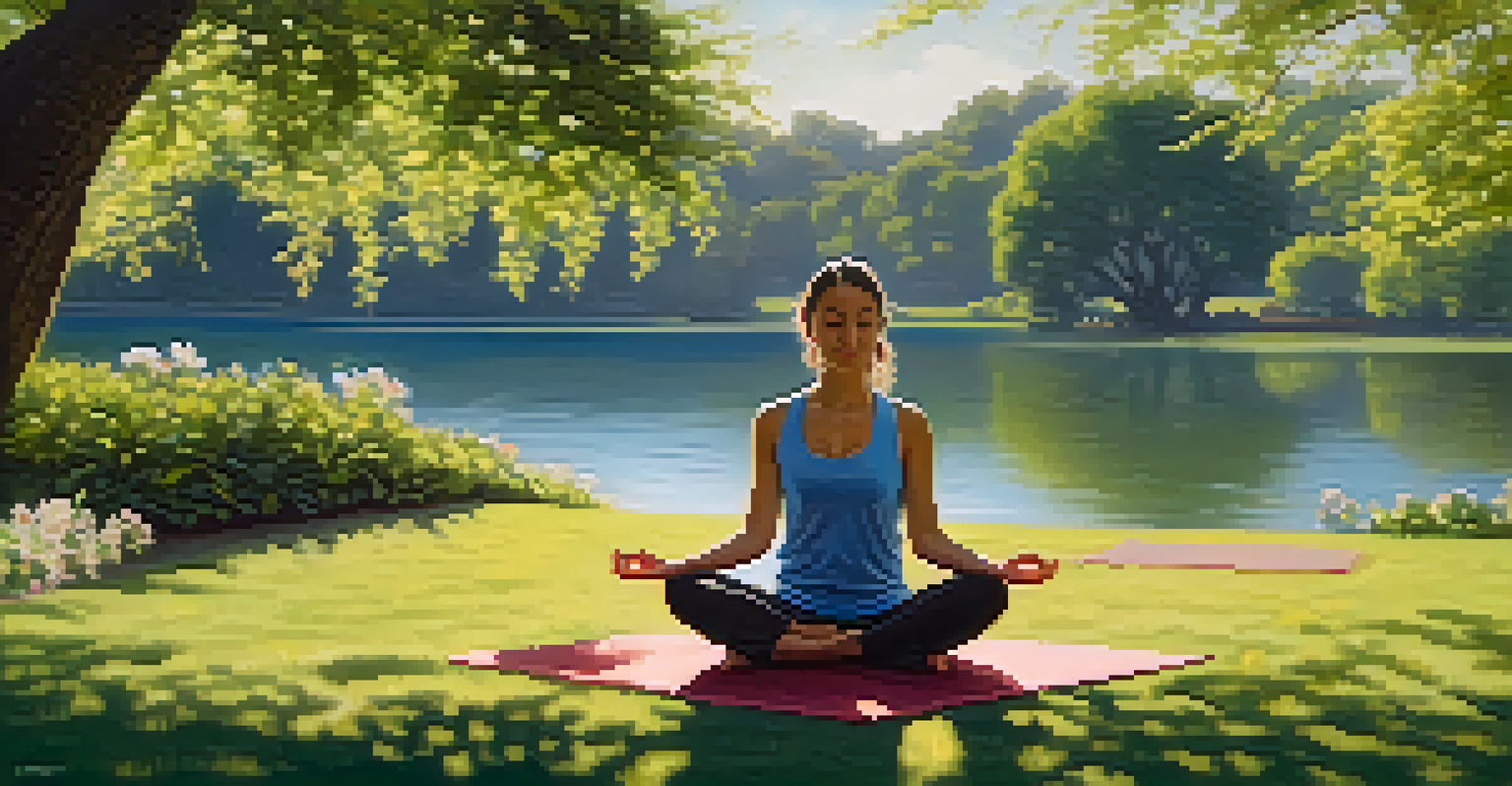 A person doing yoga in a peaceful park, surrounded by greenery and flowers, with a calm lake in the background.