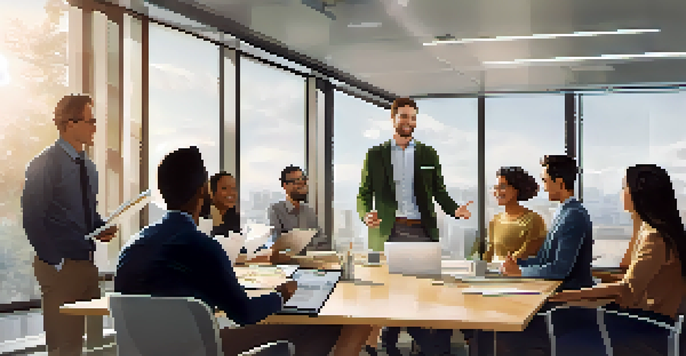 A young professional presenting in a team meeting with diverse colleagues in a bright office.