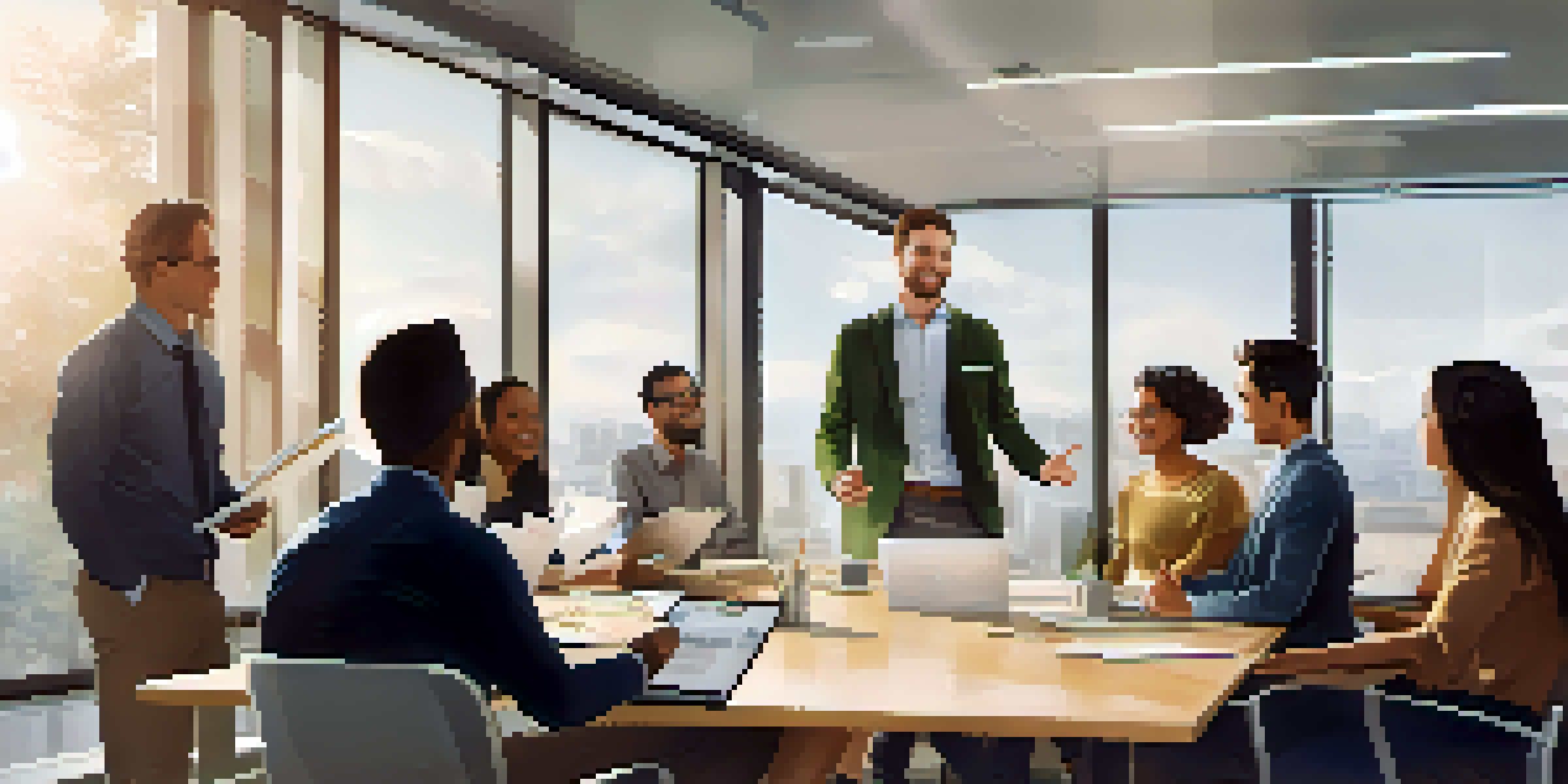 A young professional presenting in a team meeting with diverse colleagues in a bright office.