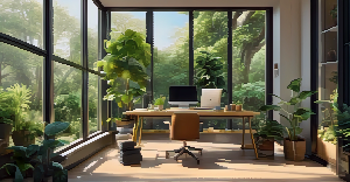 A person stretching in a bright office space with a view of a green garden, surrounded by a tidy desk and plants.