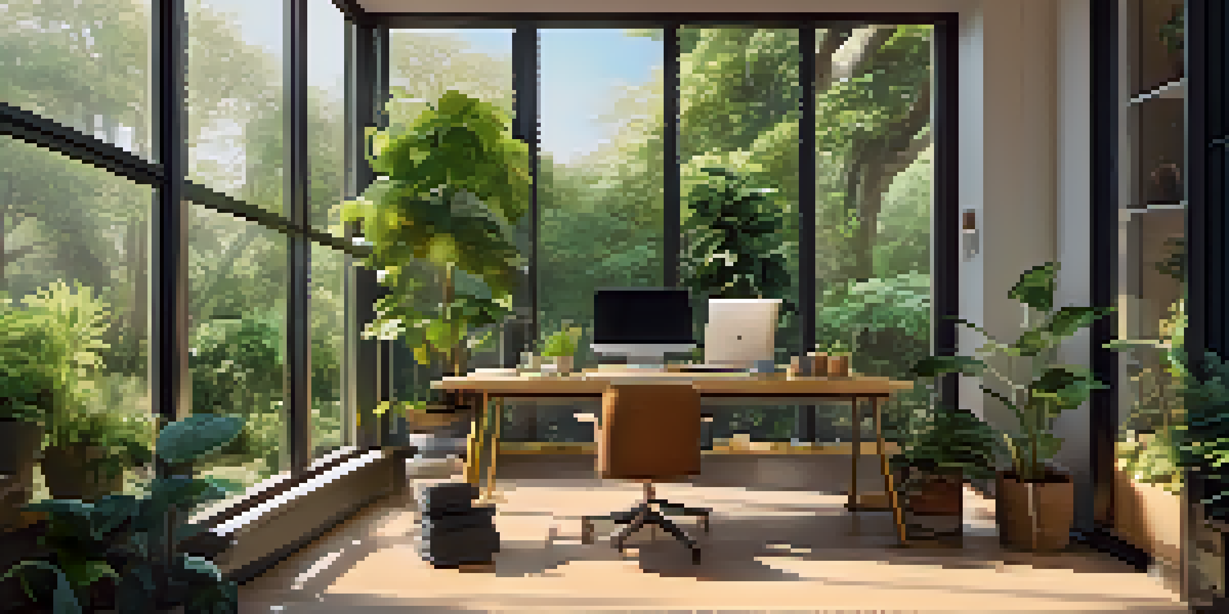A person stretching in a bright office space with a view of a green garden, surrounded by a tidy desk and plants.