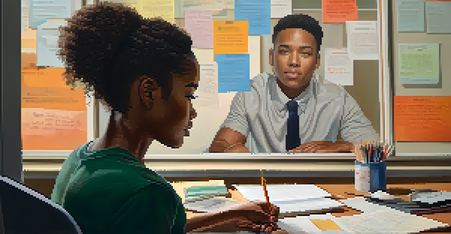 A person practices interview answers in front of a mirror at a desk, with motivational quotes on the wall, showcasing their determination.
