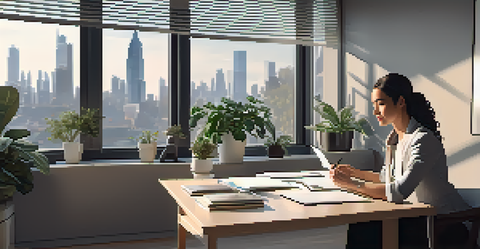 A professional woman conducting a video call for an informational interview, taking notes at her desk with a city skyline in the background.