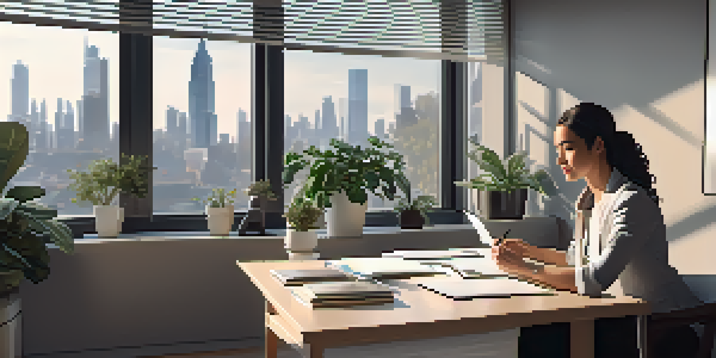 A professional woman conducting a video call for an informational interview, taking notes at her desk with a city skyline in the background.