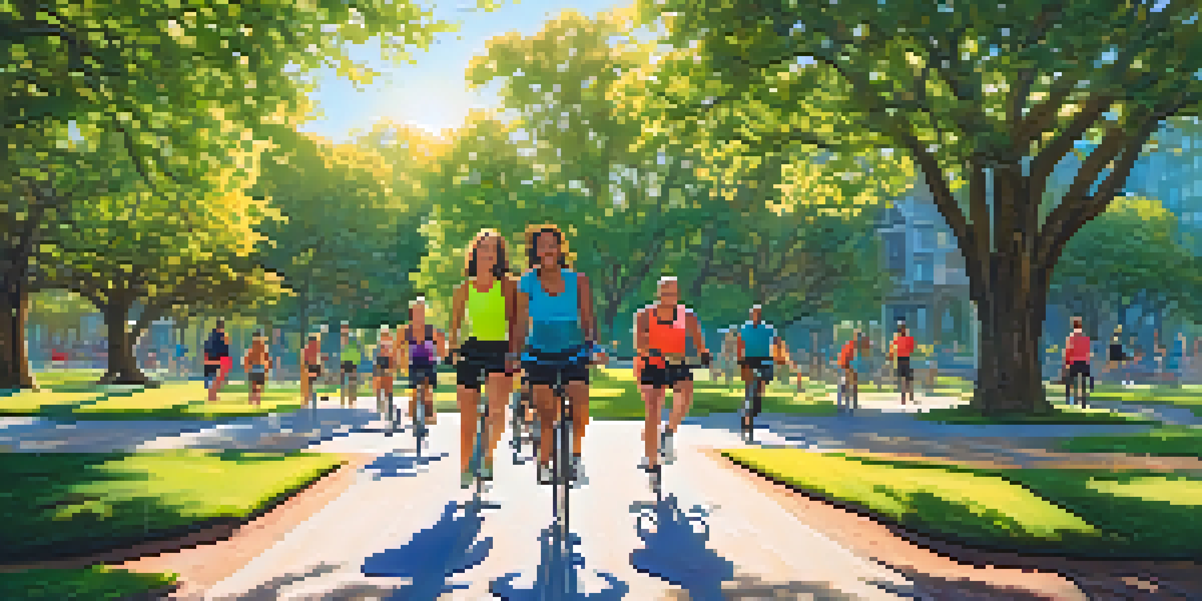 A diverse group of people participating in different cross-training activities in a sunny park, surrounded by trees and blue skies.