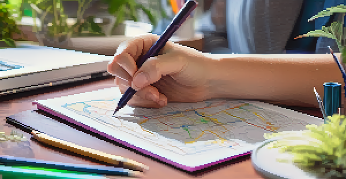 A person drawing a career map on a notepad, surrounded by colorful pens and a calm workspace with plants and a laptop.