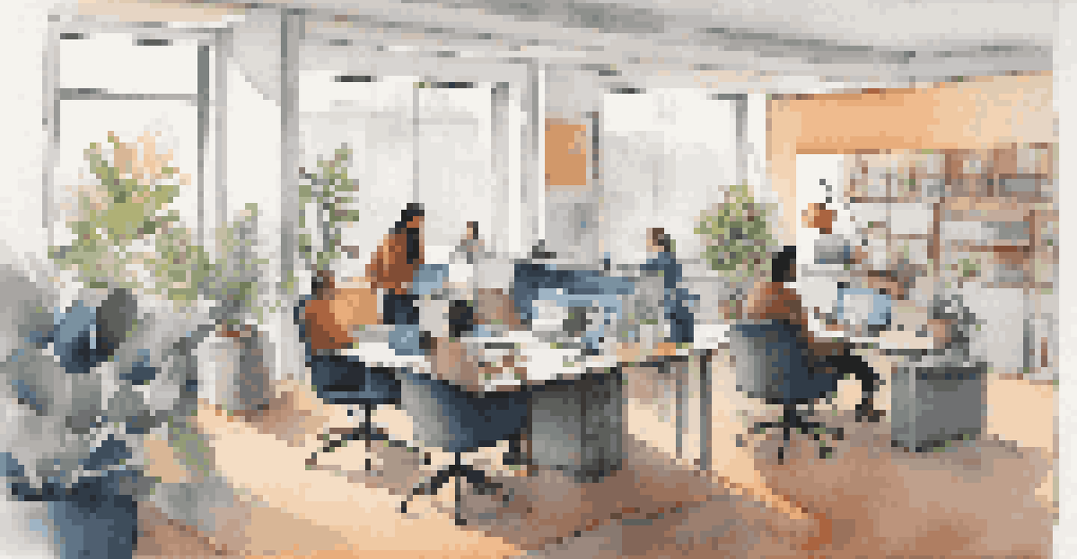 A split image showing a remote worker at home and an in-office setting with employees collaborating, illustrating hybrid work.