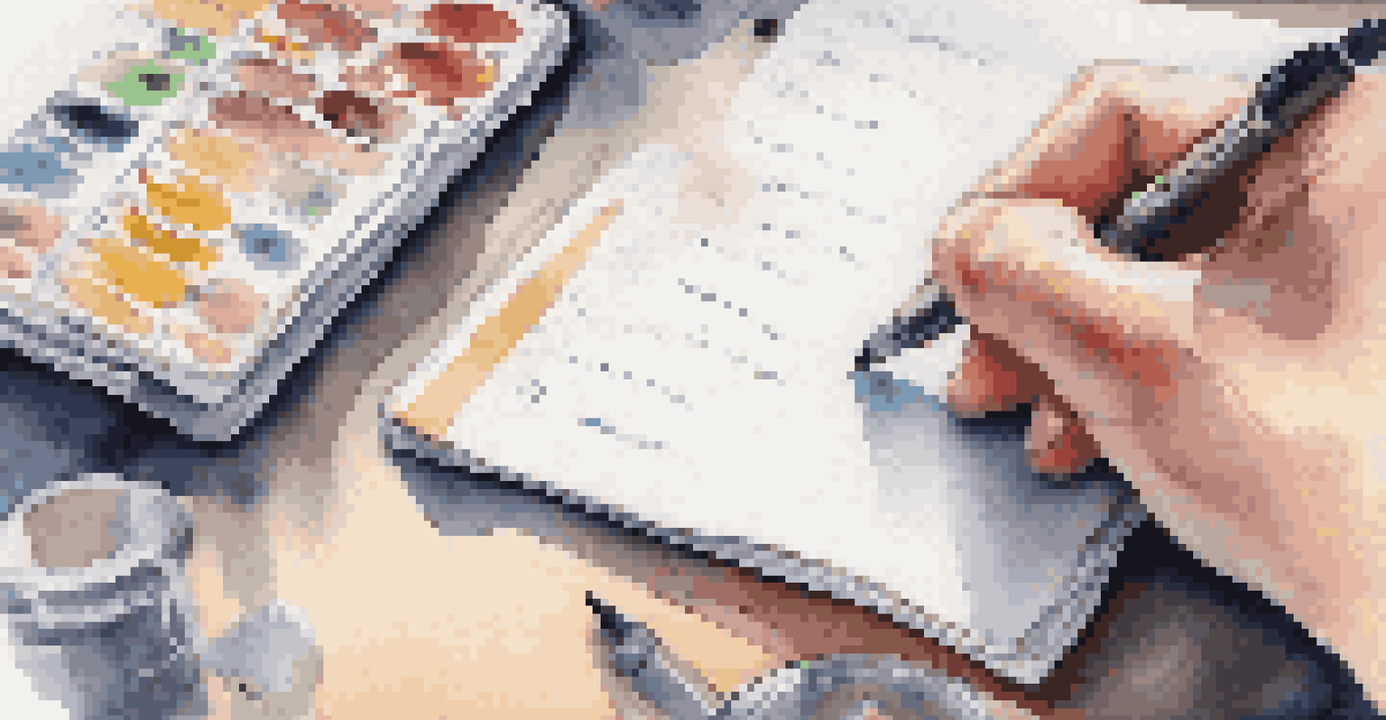 A hand writing on a notepad with stationery items in the background, focusing on mindful communication.
