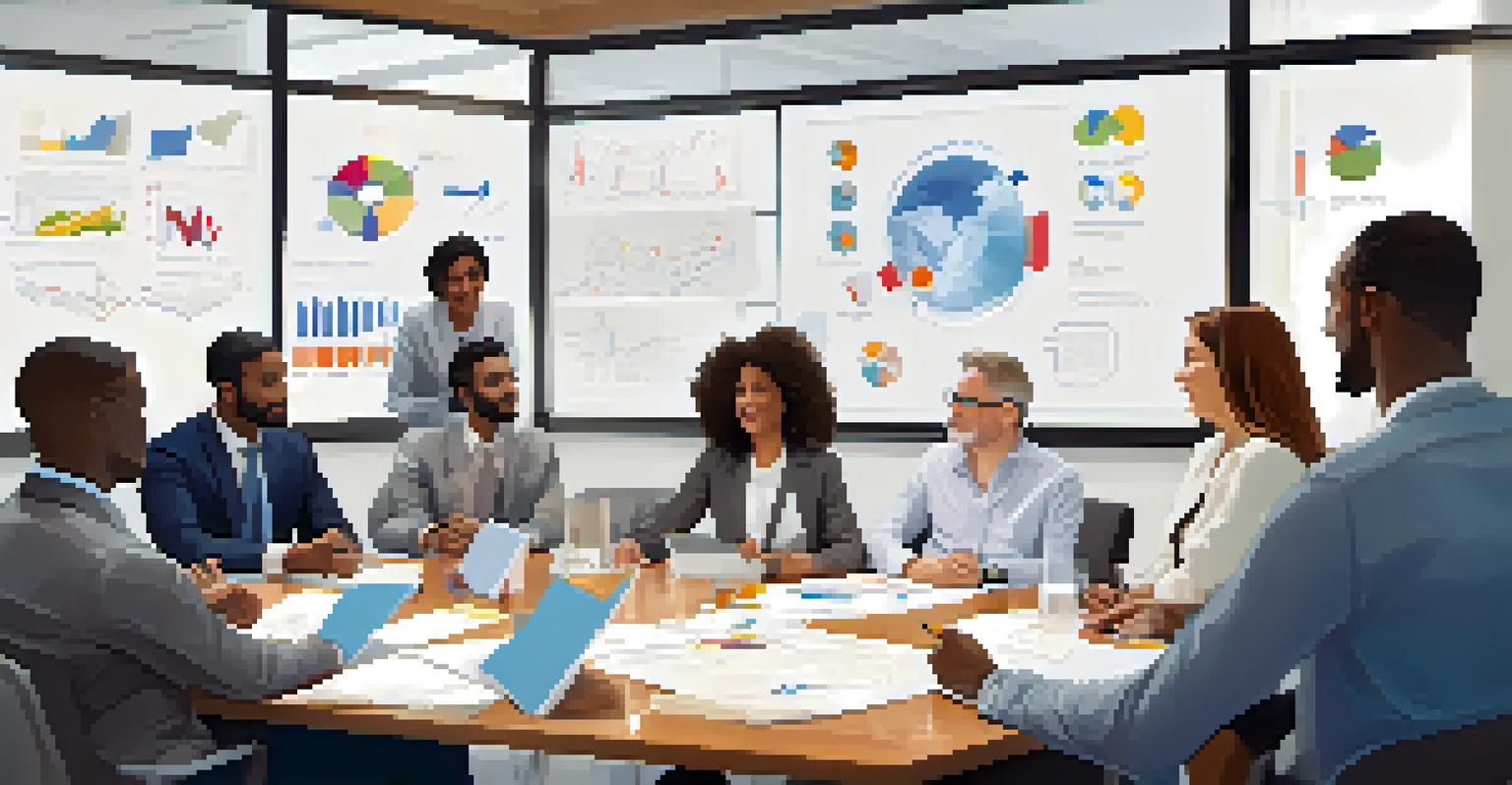 A diverse team of professionals collaborating at a conference table with charts and documents, and a whiteboard covered in notes in the background.