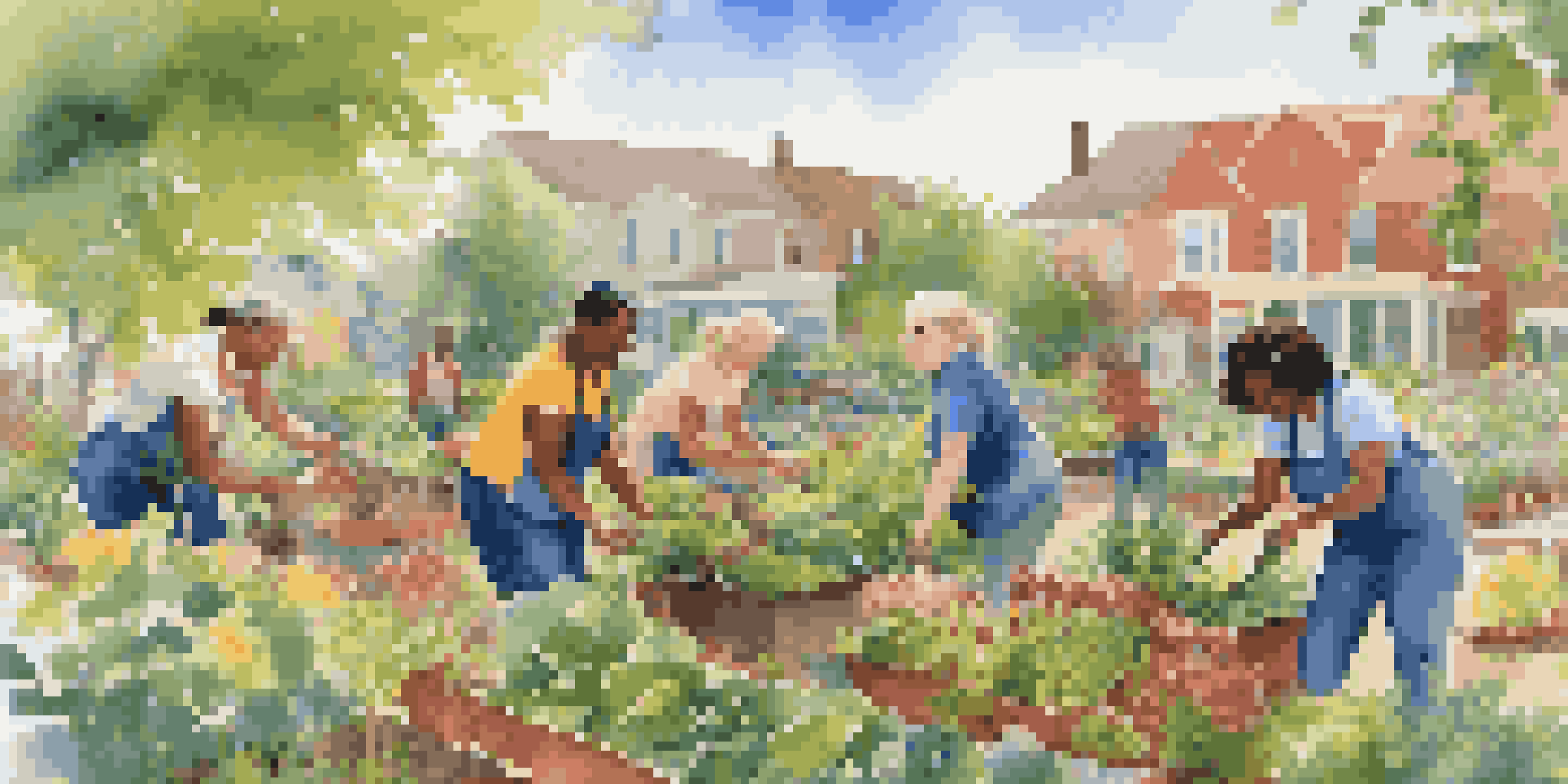 A diverse group of volunteers working together in a community garden, planting flowers and vegetables.