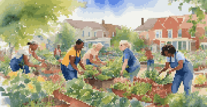A diverse group of volunteers working together in a community garden, planting flowers and vegetables.