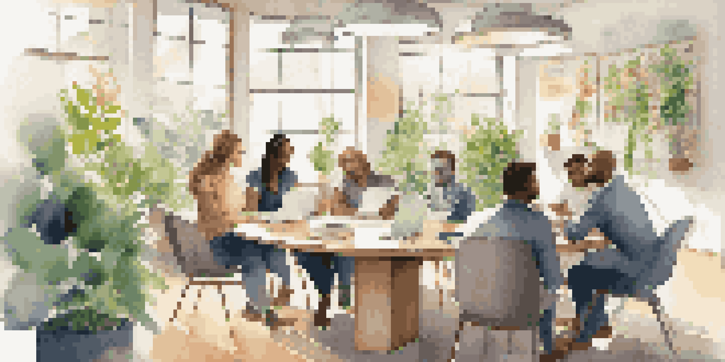 A diverse group of colleagues collaborating in a bright office space, discussing ideas with notebooks and laptops.