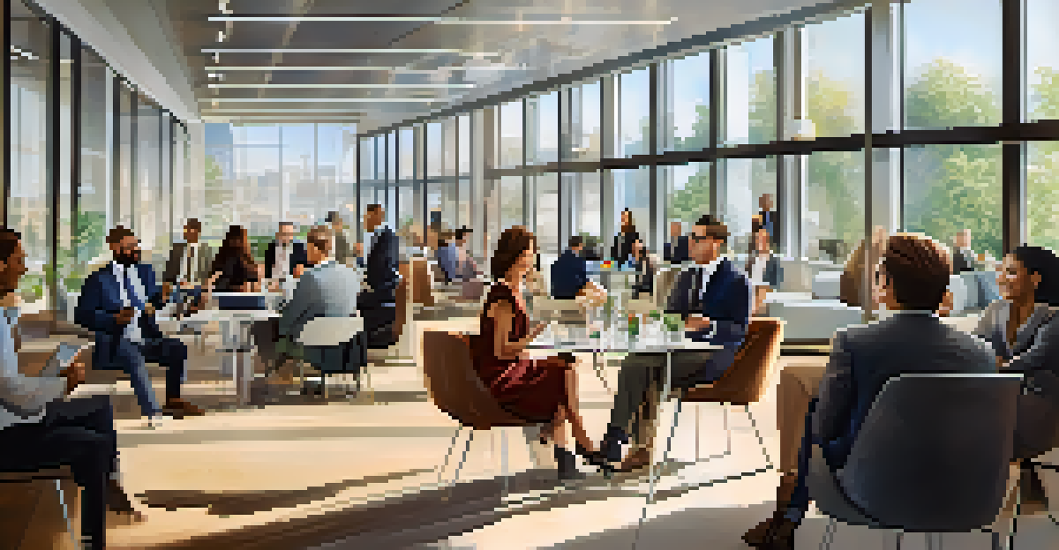 People networking in a bright, modern office space, talking and sharing ideas with smiles on their faces.