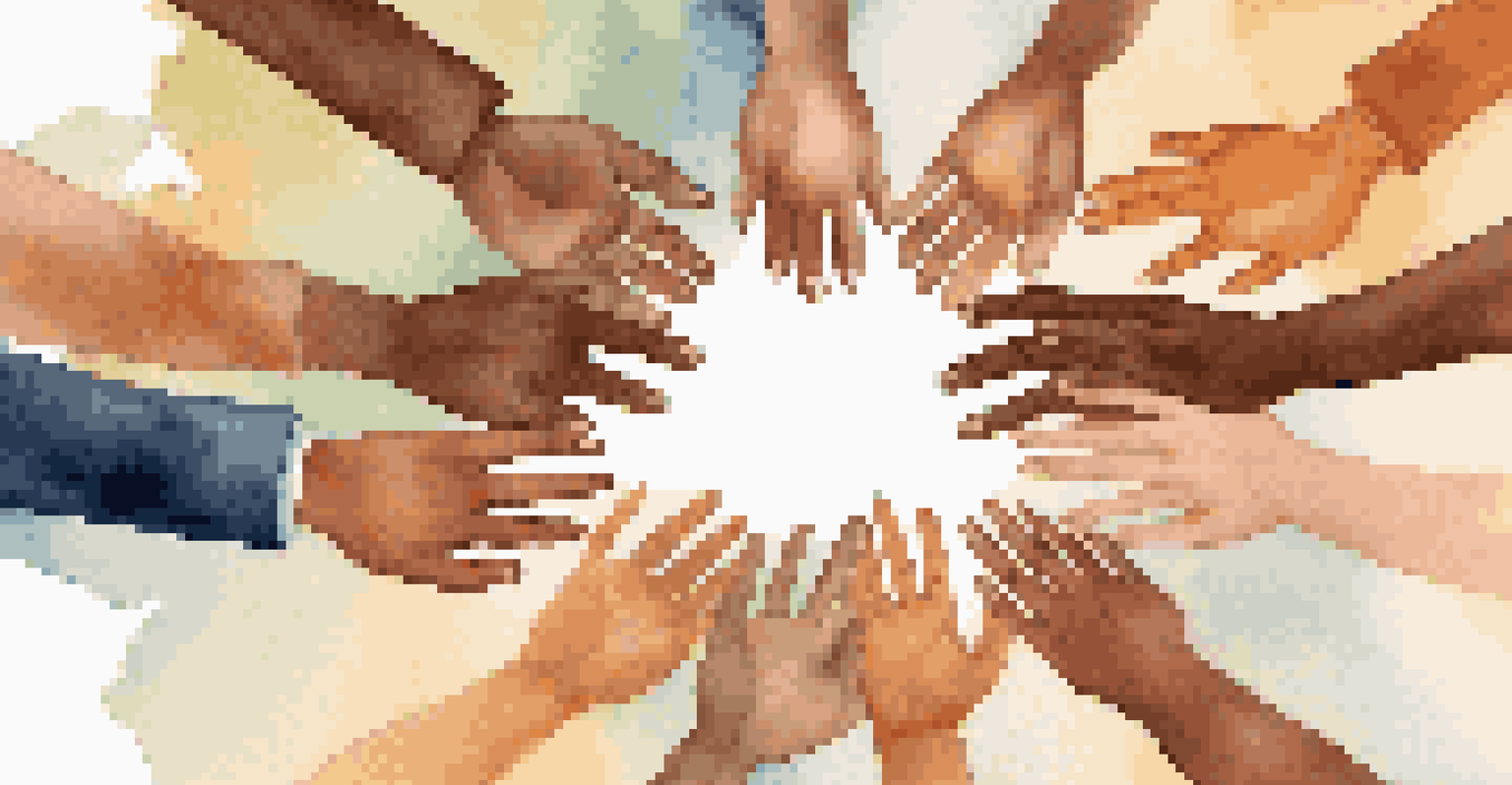 Close-up of diverse hands united in a circle on a table with a world map, symbolizing collaboration and unity.