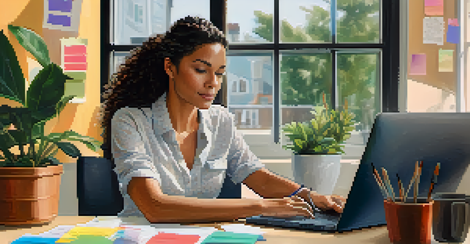 A focused professional woman writing an action plan at her desk, with a laptop and plants around her.