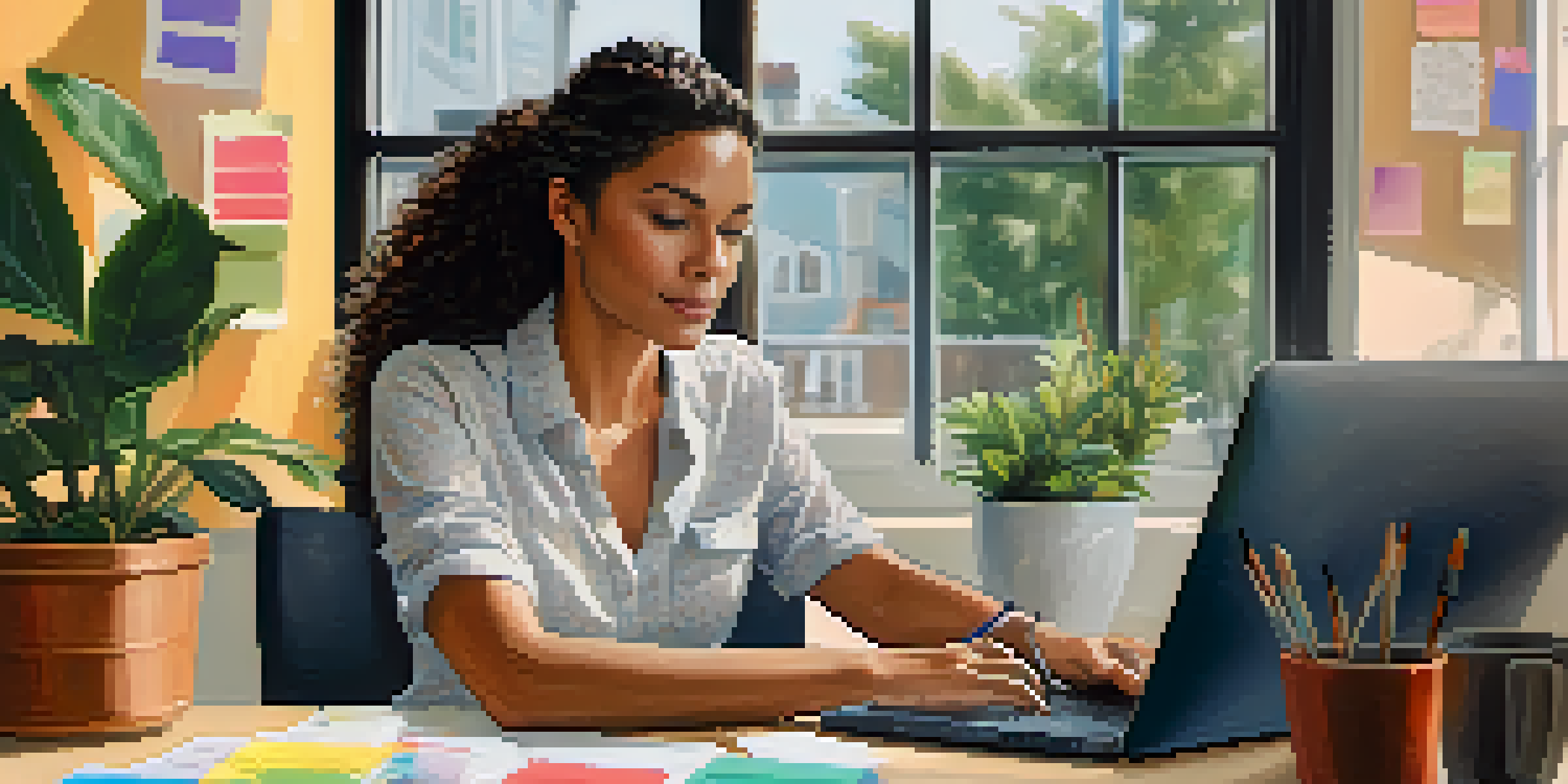 A focused professional woman writing an action plan at her desk, with a laptop and plants around her.