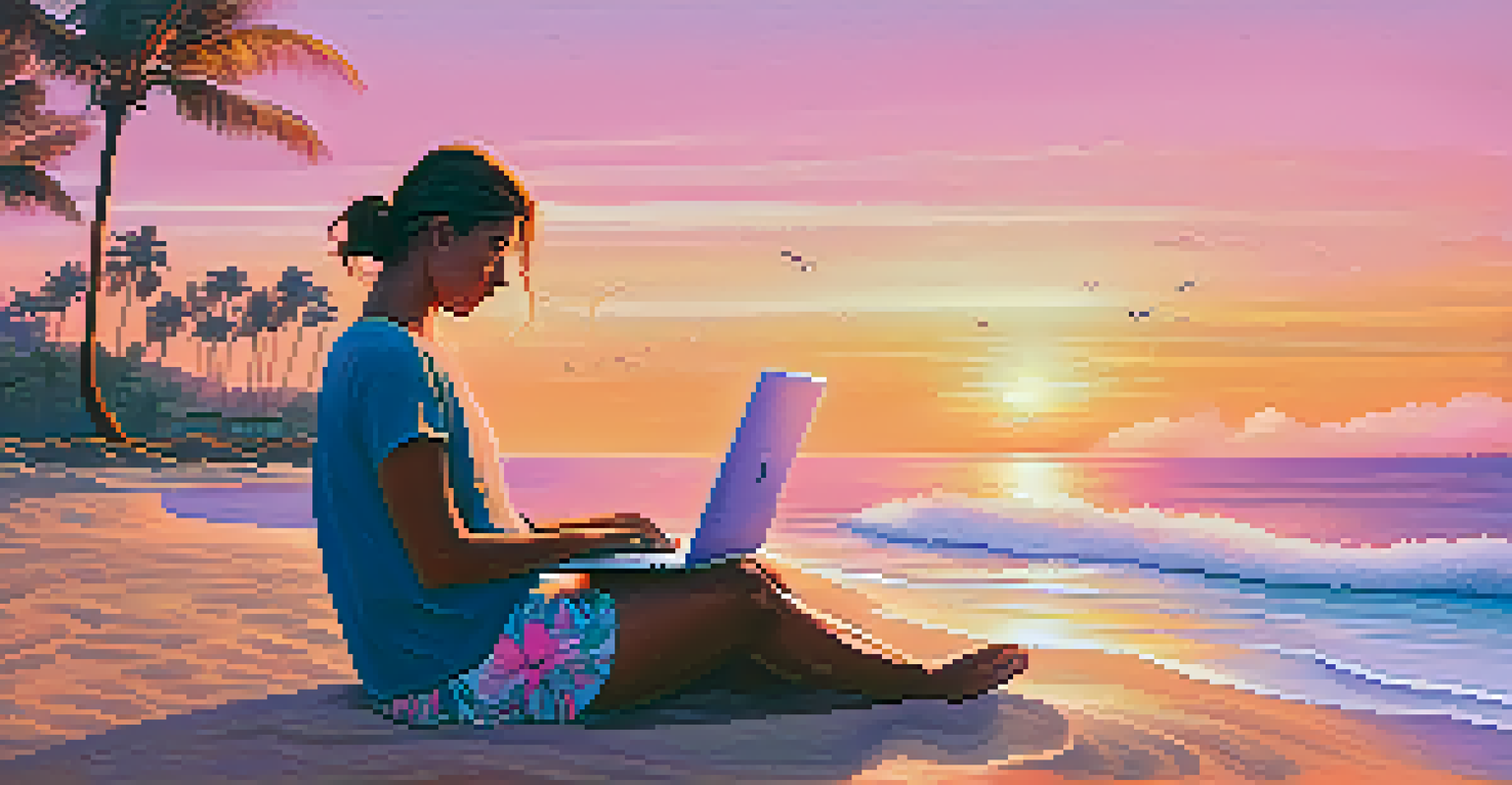A freelancer working on a laptop from a beach during sunset, representing the flexibility of gig work.
