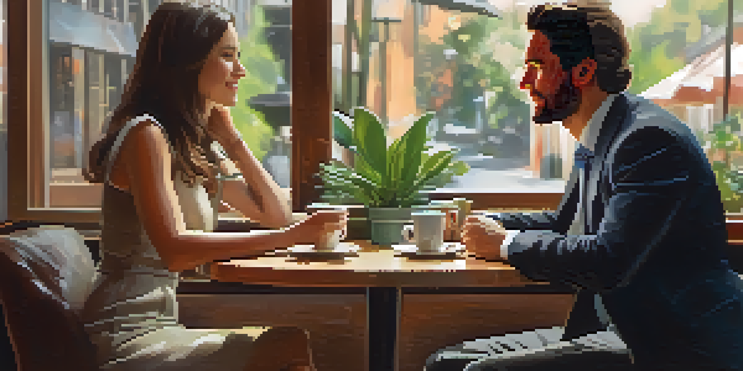 Two business professionals having a sincere conversation in a modern coffee shop, showcasing trust and connection.