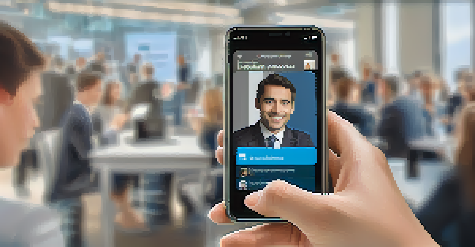 A close-up of a hand holding a smartphone with the LinkedIn app open, showing a professional profile.
