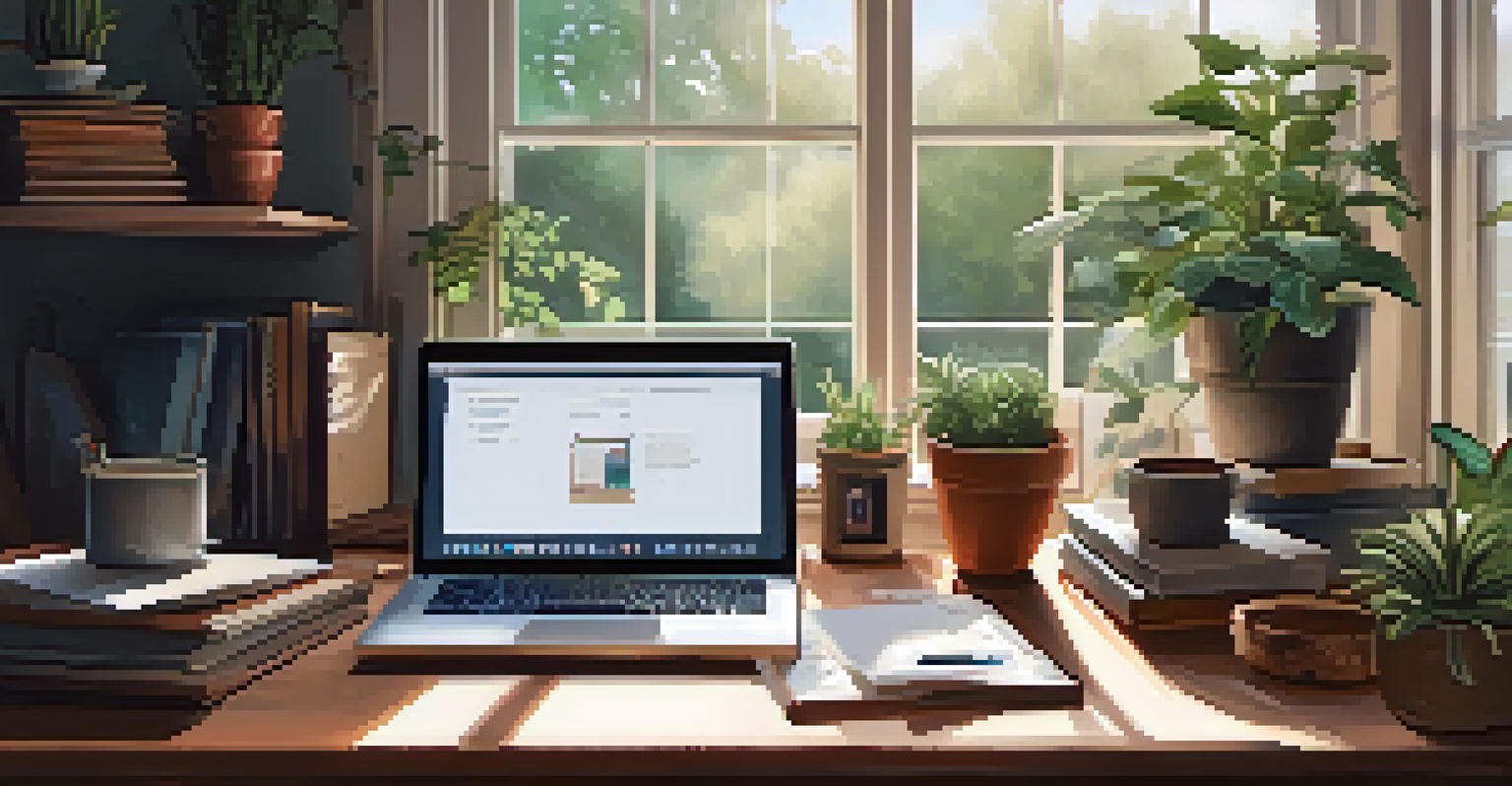 A warm home office with a wooden desk, laptop, coffee cup, and plants, bathed in natural light.