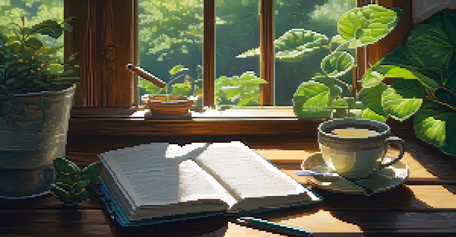 A person writing in a journal at a wooden table, surrounded by plants and a cup of tea, with sunlight streaming in.