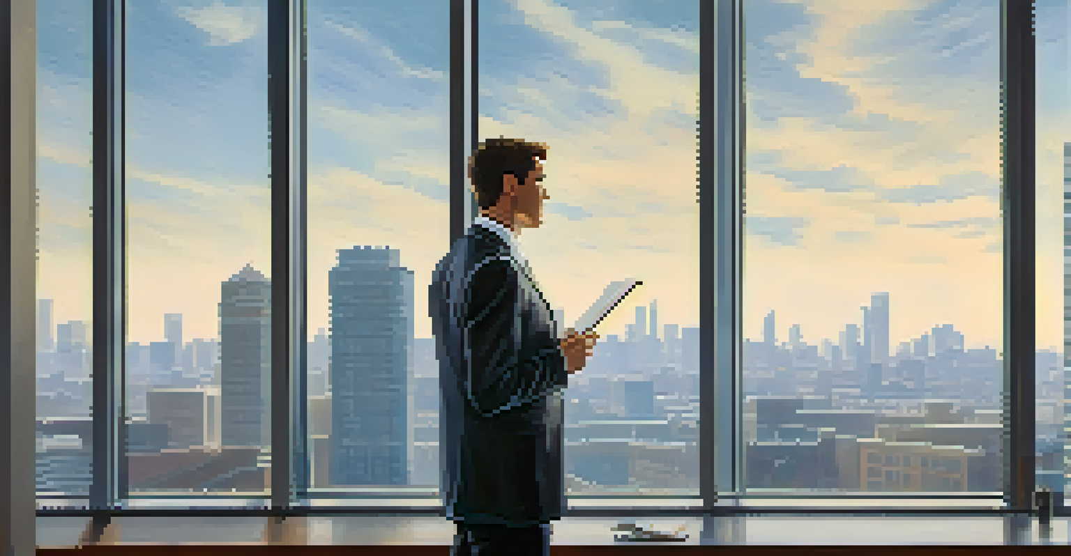 A person in formal attire practicing interview responses while standing by a large window with city views, holding a notepad.
