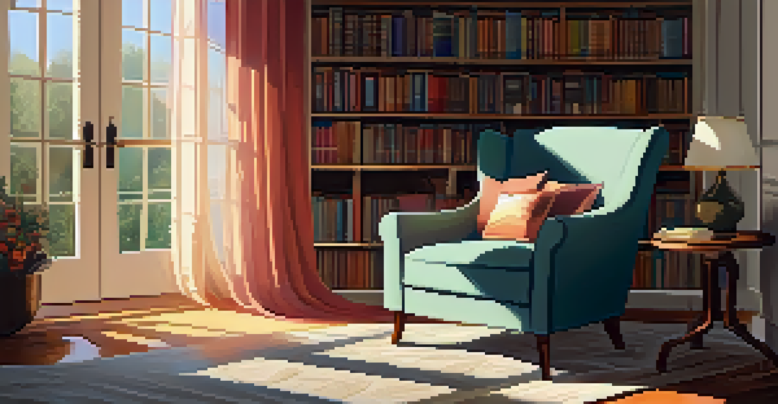 A cozy reading nook with an armchair, a cup of tea, and a bookshelf in a sunlit room.