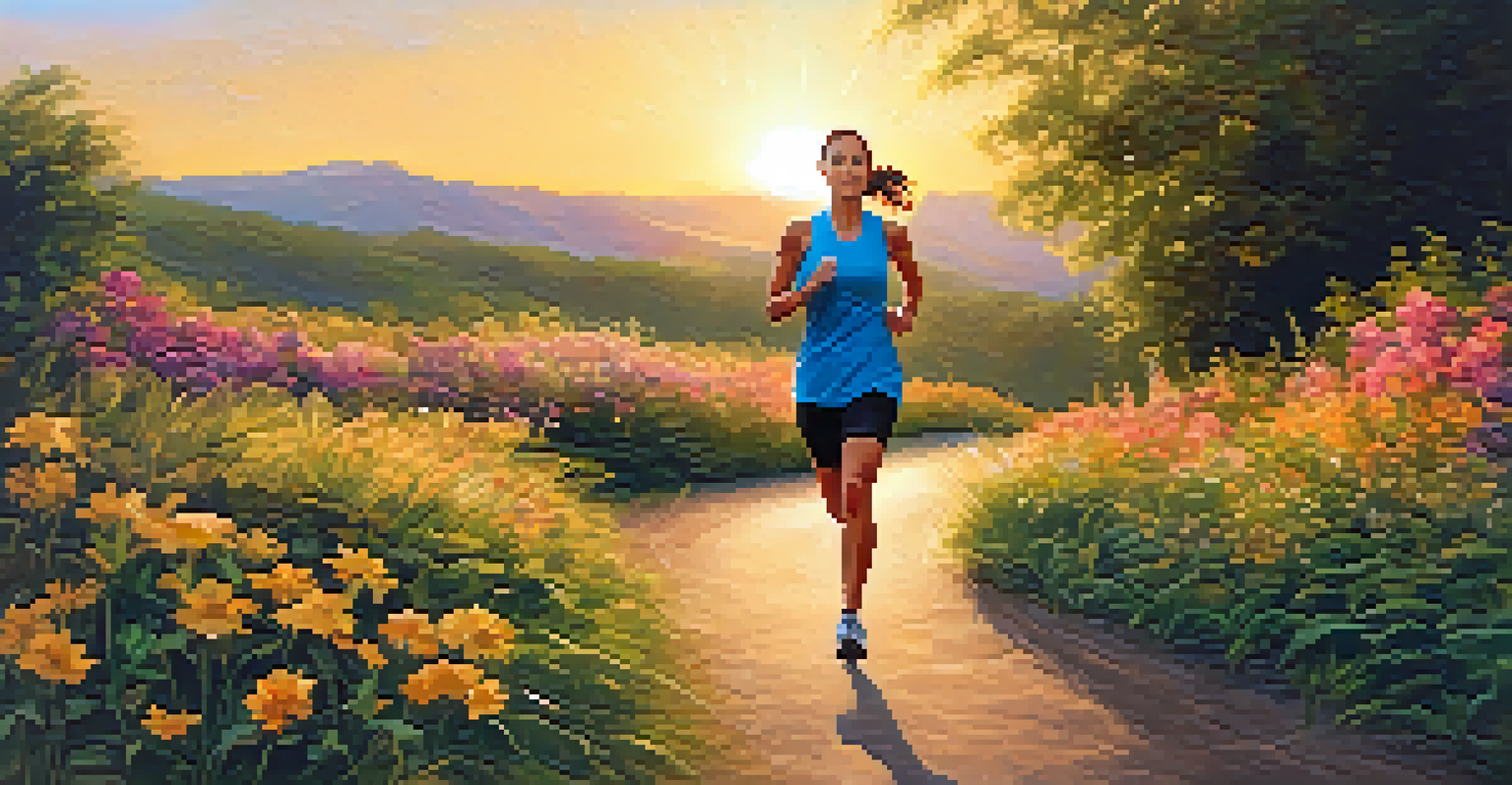 A person jogging on a scenic path with greenery and flowers, illuminated by a golden sunset, showing determination towards fitness.