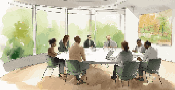 A group of diverse professionals sitting around a table in a bright office, engaged in a constructive feedback session, with a whiteboard in the background.