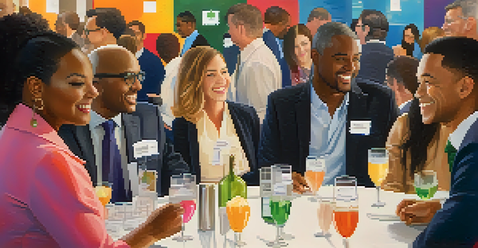 A diverse group of professionals interacting at a networking event, with tables and refreshments in a warm-lit environment.