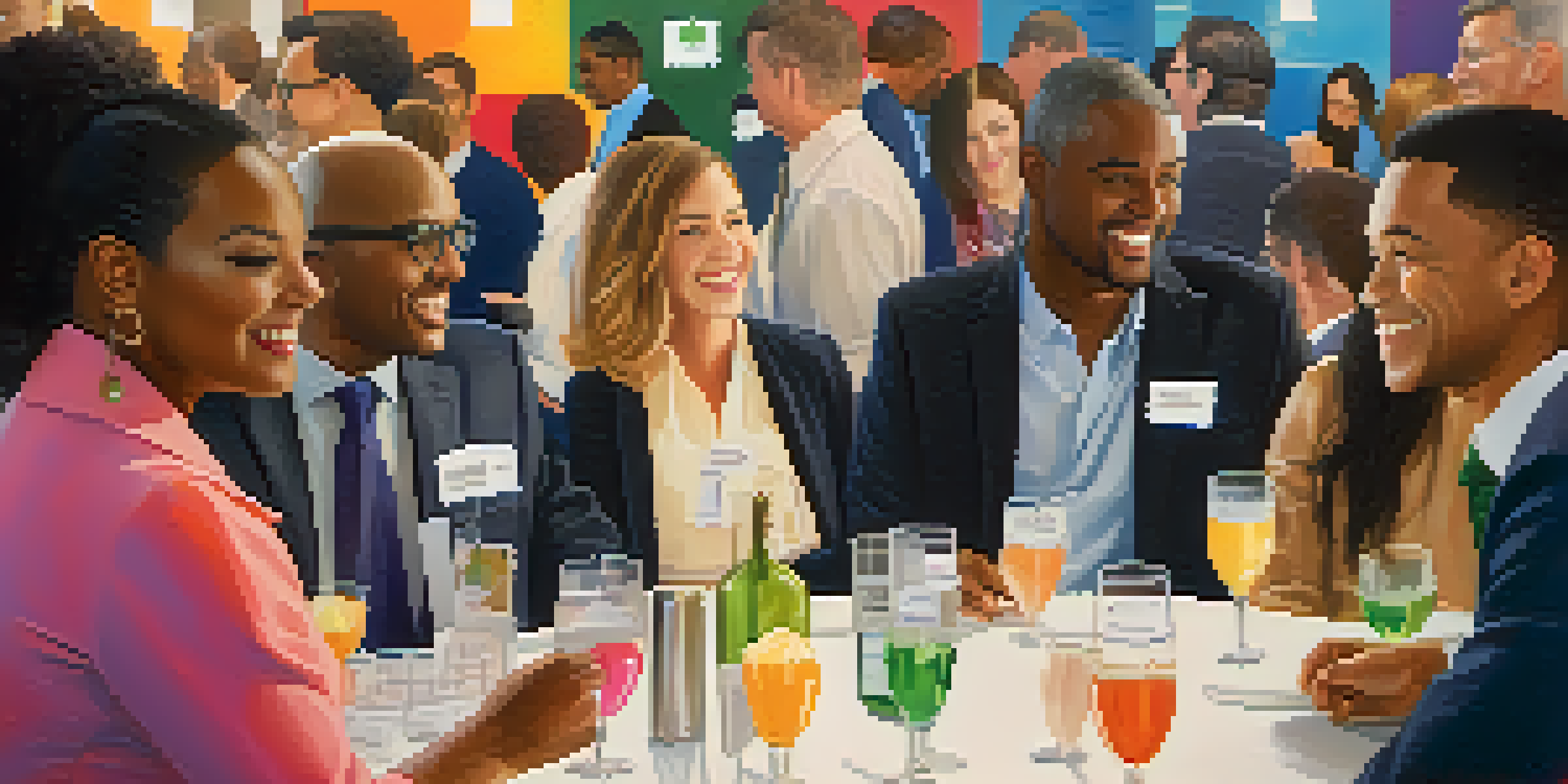 A diverse group of professionals interacting at a networking event, with tables and refreshments in a warm-lit environment.