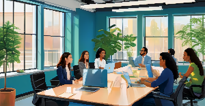 A diverse group of employees in a modern office collaborating during a meeting about employee benefits, with natural light and plants in the background.