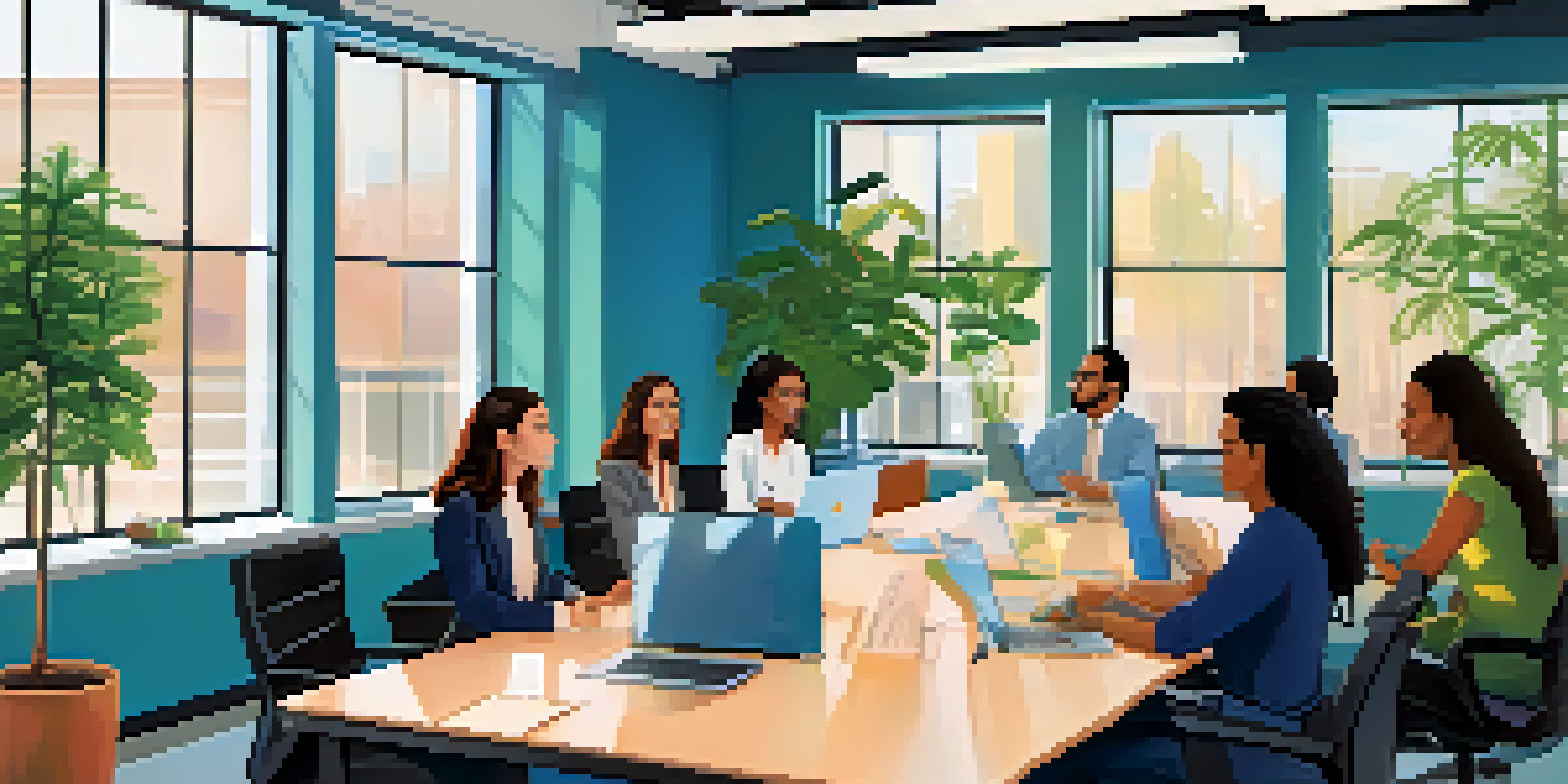 A diverse group of employees in a modern office collaborating during a meeting about employee benefits, with natural light and plants in the background.