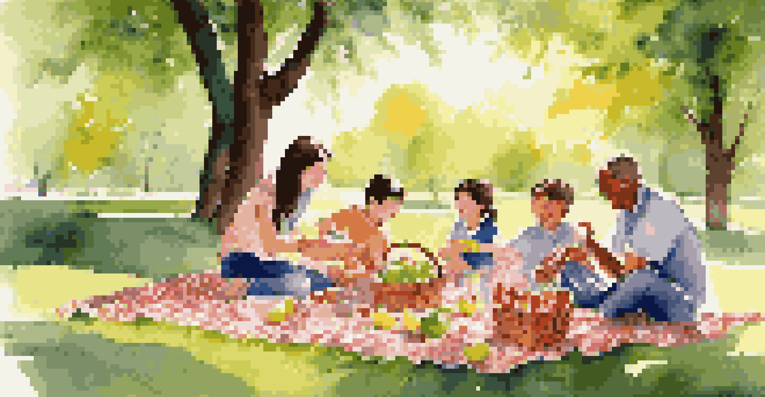 A happy family enjoying a picnic on a colorful blanket in a sunny park surrounded by trees.