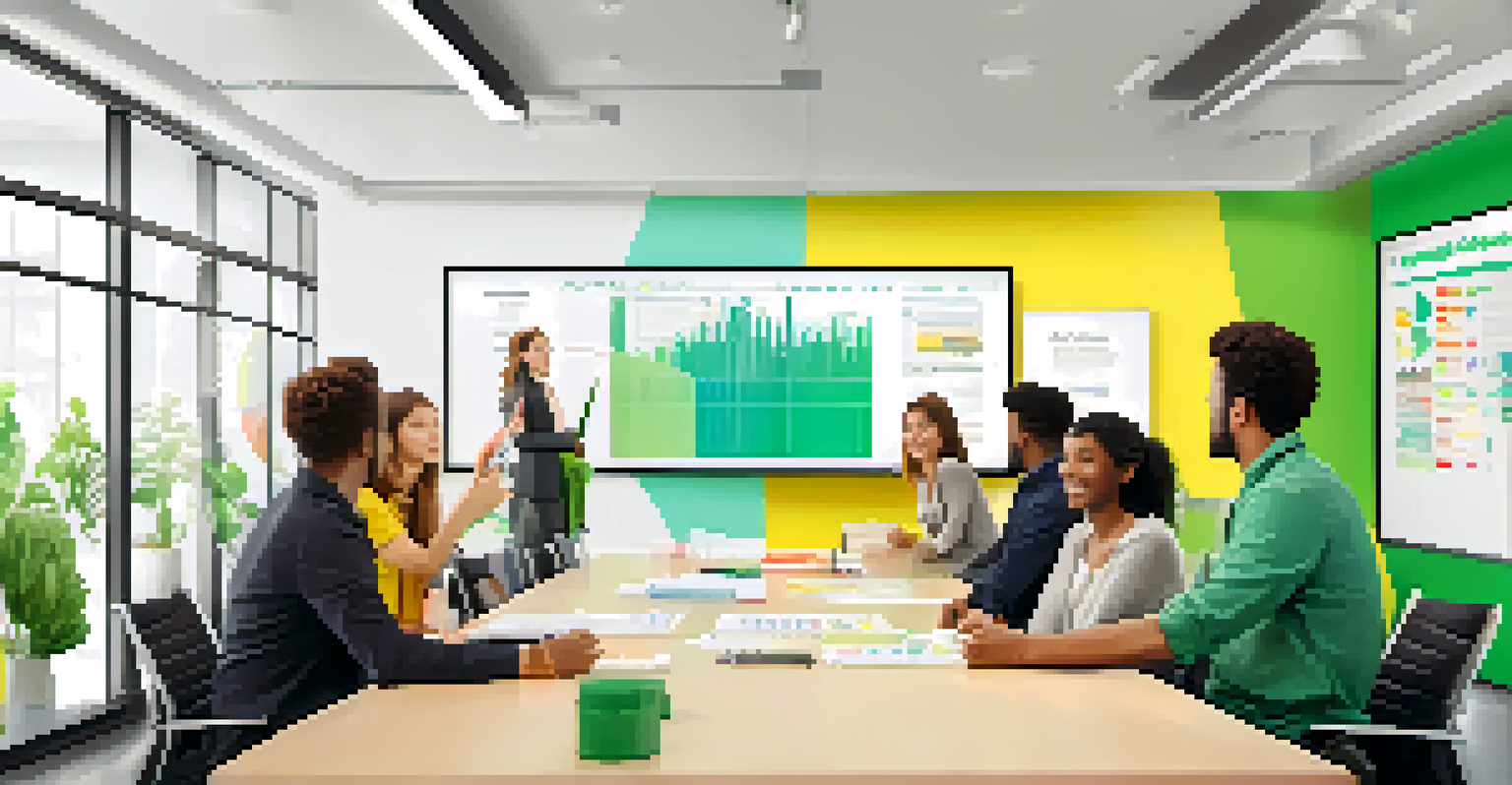 A lively team meeting in a modern conference room with a whiteboard filled with colorful charts.