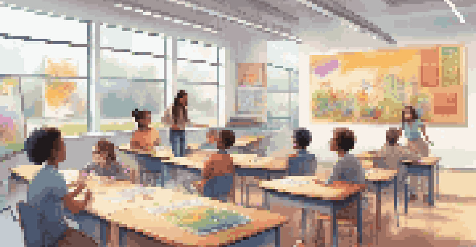 A modern classroom with diverse students using digital learning tools and a teacher guiding them.