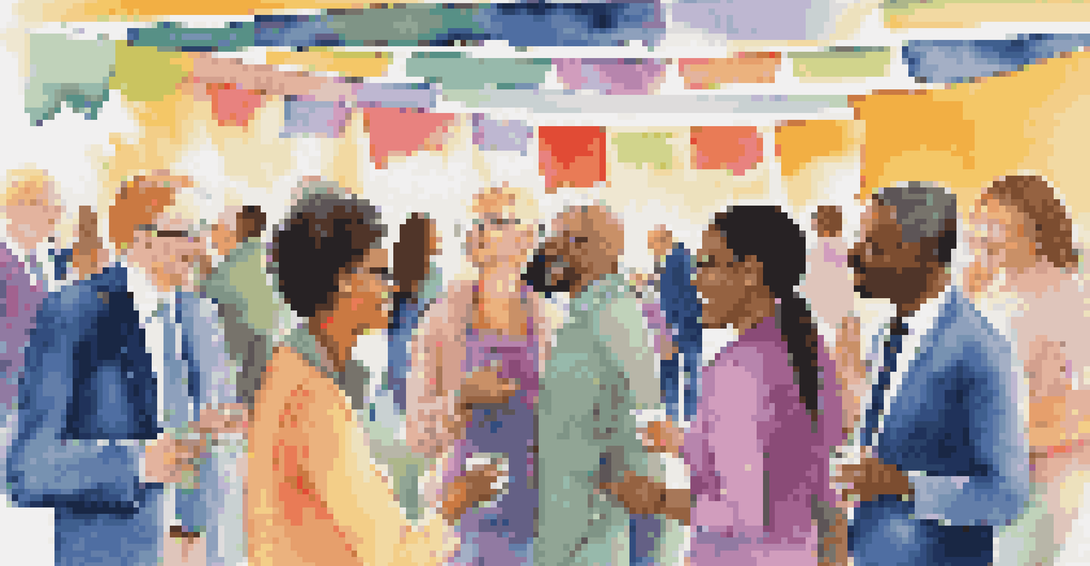 A diverse group of professionals networking at an event filled with bright colors and lively discussions.