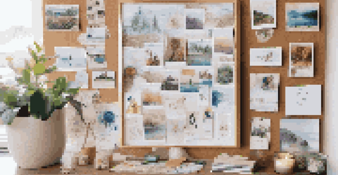 A vision board filled with inspiring images and quotes, displayed in a cozy workspace with natural light.