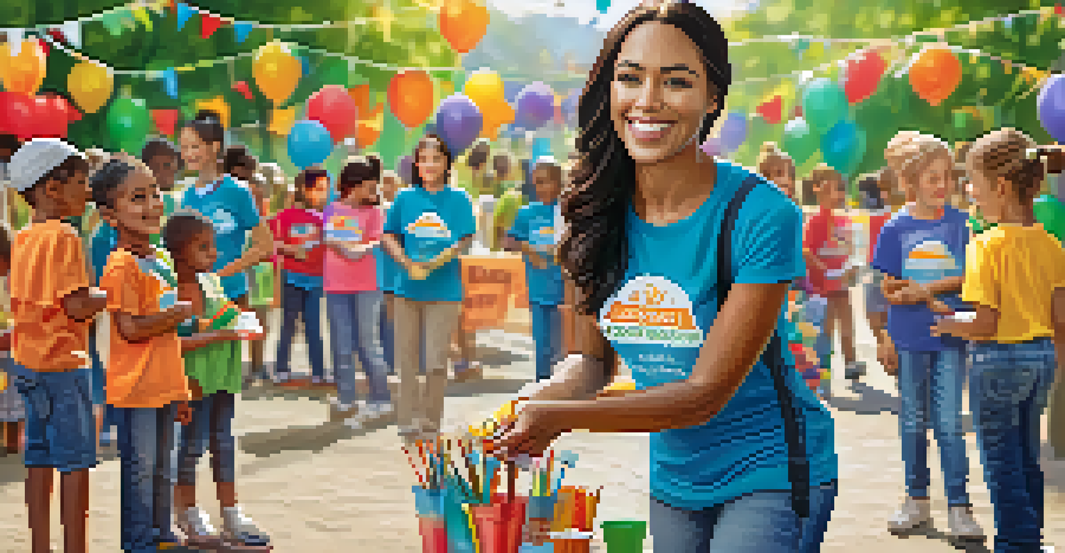 A professional woman smiling while volunteering with children at a vibrant community event in a park, wearing a branded t-shirt.