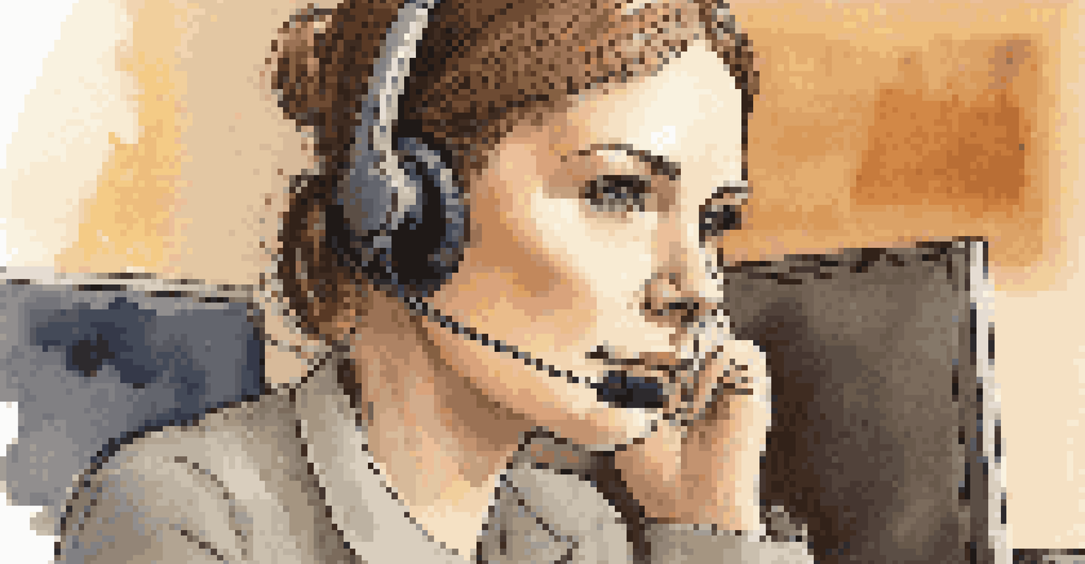 A close-up of a customer service agent showing empathy while listening to a customer on the phone, with a notepad and computer screen in a softly lit environment.