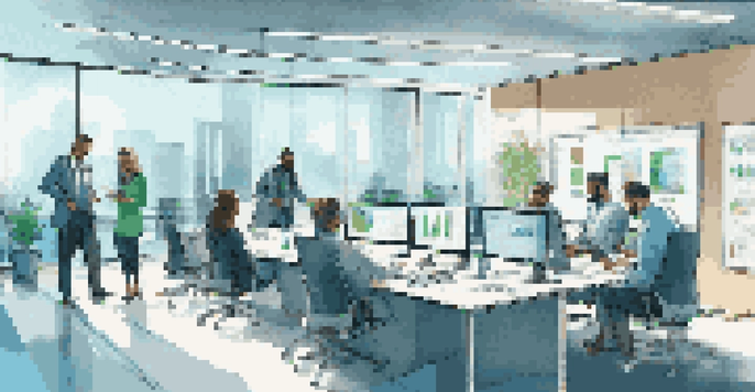 A diverse team of professionals in a bright conference room discussing project management, with digital screens displaying metrics and agile boards.