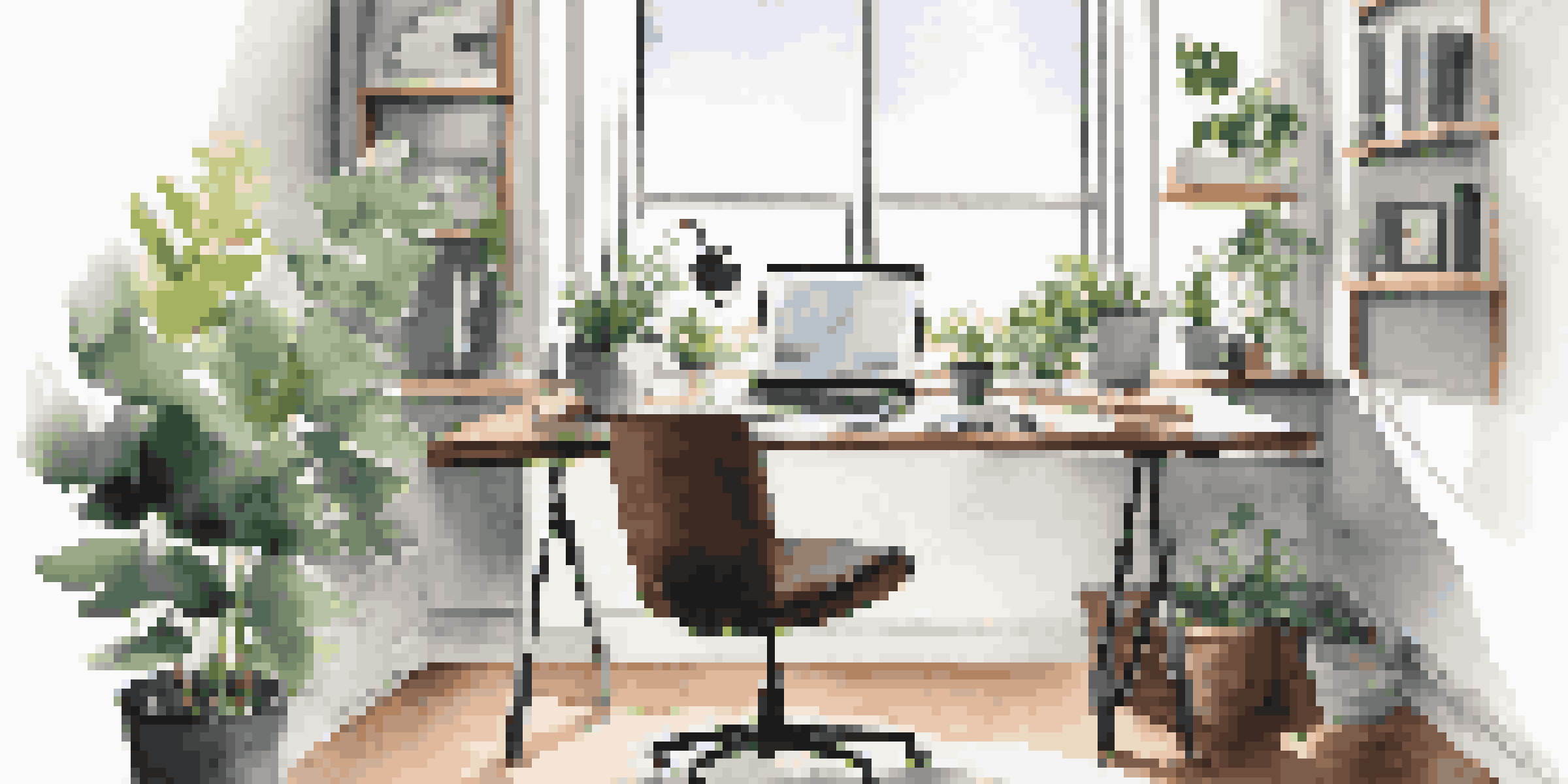 A bright home office with an ergonomic chair, modern desk, and natural light from a window, showcasing a laptop and a potted plant.