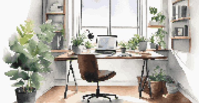 A bright home office with an ergonomic chair, modern desk, and natural light from a window, showcasing a laptop and a potted plant.