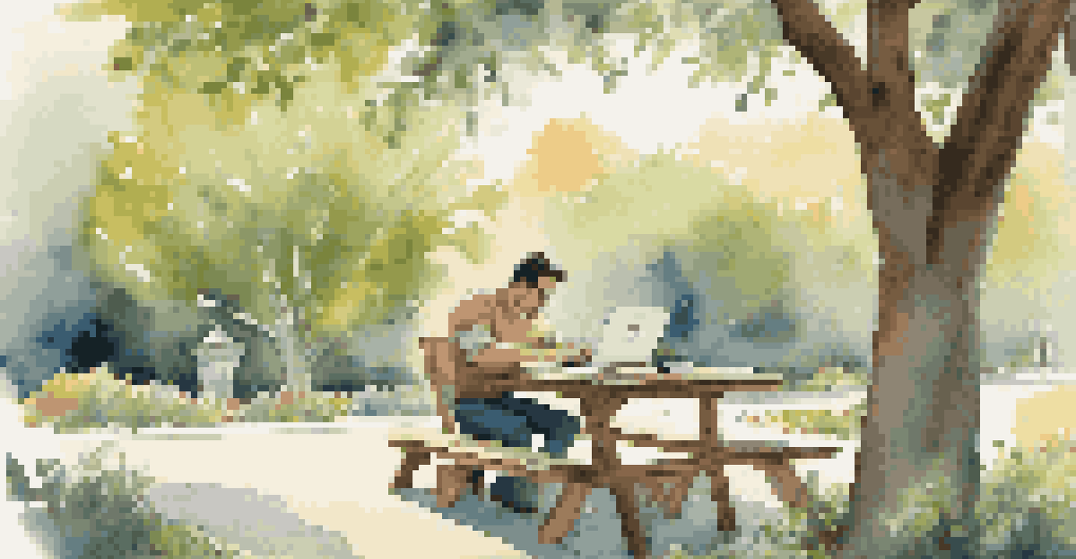 An employee working remotely at a picnic table in a peaceful outdoor setting surrounded by nature.